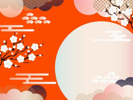 お正月の梅と吉祥文様のおめでたい背景素材 お正月,背景,壁紙,フレーム,枠,梅の花,和柄,和風,年賀状,あしらいのイラスト素材