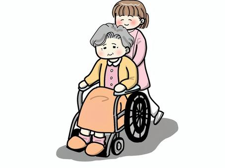 車いすの老婦人と看護師の女性 車椅子,老婦人,女性,お婆さん,看護師,笑顔,介護のイラスト素材