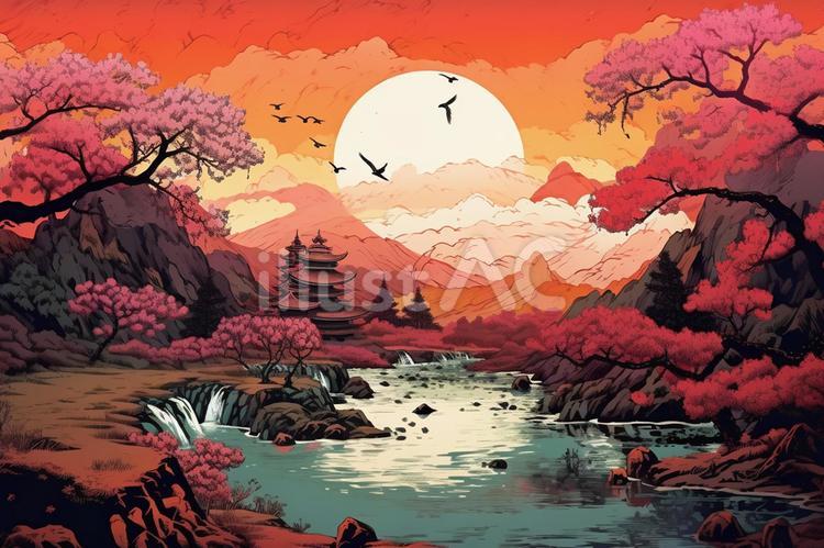 山間を流れる川と夕焼け（浮世絵風） 山岳,川,夕焼けのイラスト素材