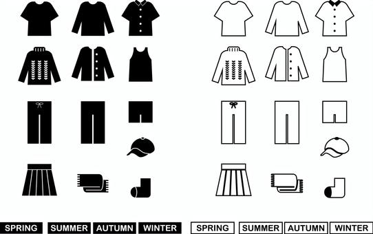 洋服のアイコンセット 洋服,夏服,冬服,半袖,長袖,半ズボン,長ズボン,部屋着,ニット,帽子のイラスト素材