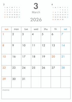 2026年3月カレンダー-縦 カレンダー,2026年,2026,1か月,3か月,令和8年,暦,日曜始まり,祝祭日,祝日のイラスト素材