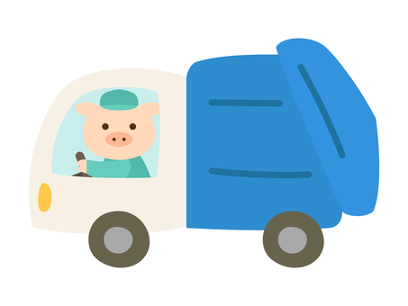 くるま_ぶた_ゴミ収集車 車,ゴミ収集車,動物,豚,運転,運転手,作業員,収集作業員,清掃,ゴミのイラスト素材