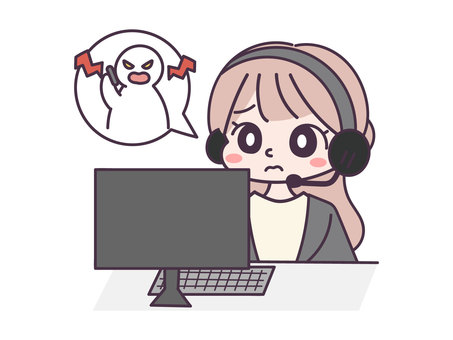 クレーマー対応するオペレーターの女の子 クレーマー対応するオペレーターの女の子 オペレーター,ビジネス,電話対応,対応,テレアポ,クレーマー,苦情,カスハラ,カスタマーハラスメント,困るのイラスト素材