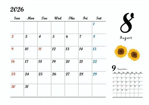 2026年8月花のカレンダー（A４寸法） カレンダー,8月,2026年,シンプル,花,ひまわり,暦,祝祭日,白バック,白背景のイラスト素材