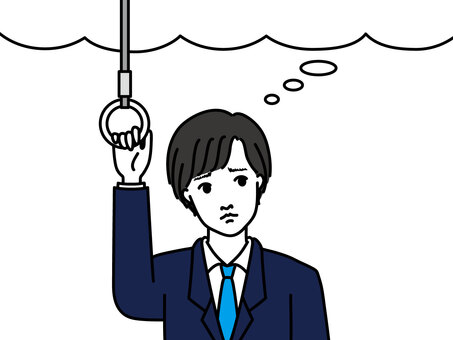 つり革につかまる悩む会社員(ふきだし付) 悩む,考える,ふきだし,サラリーマン,スーツ,つり革のイラスト素材