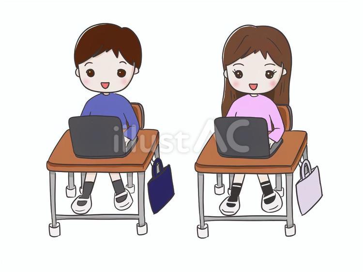 パソコン学習をする男の子と女の子 小学生,子ども,授業のイラスト素材