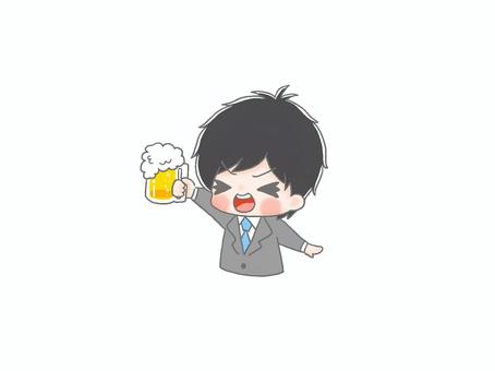 ビールで乾杯　男性会社員１ 手描き,男性,黒髪,会社員,仕事,スーツ,飲み会,新年会,忘年会,打ち上げのイラスト素材