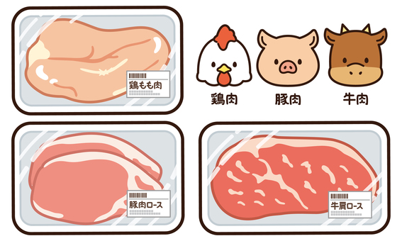 パック済みの精肉とかわいい鶏・豚・牛 鶏,豚,牛,pop,肉,チラシ,食育,アイコン,家畜,トレーのイラスト素材