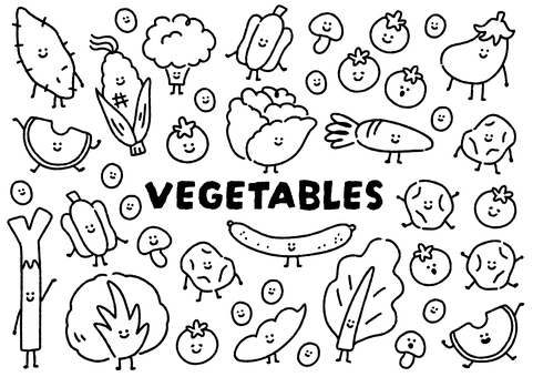 いろいろな野菜の白黒セット素材 野菜,手描き,かわいい,線画,シンプル,食べ物,八百屋,ピーマン,にんじん,ジャガイモのイラスト素材