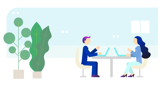 ミーティングする人々 ミーティングする人々 ミーティング,棒人間,フラット,観葉植物,植木鉢,ピクトグラム,会社員,サラリーマン,キャリアウーマン,アイキャッチのイラスト素材