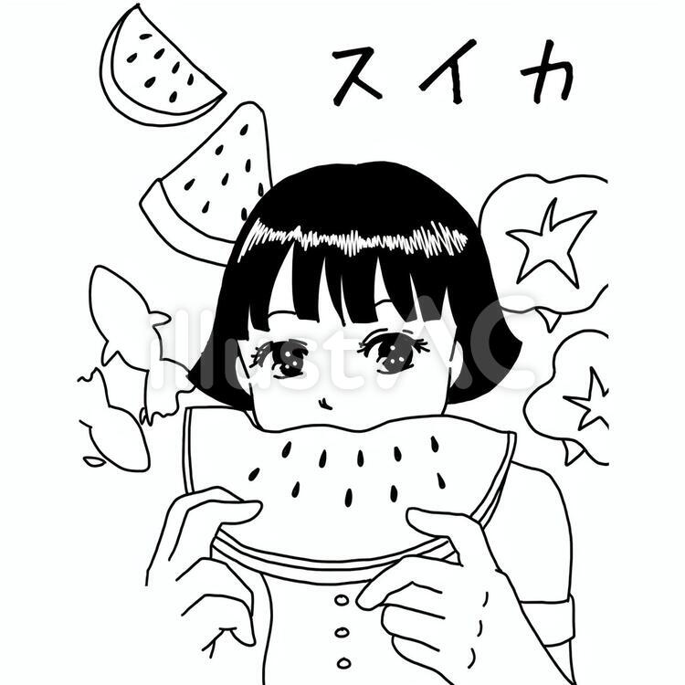 スイカを食べる女の子のぬりえになります。 ぬりえ,女の子,スイカのイラスト素材