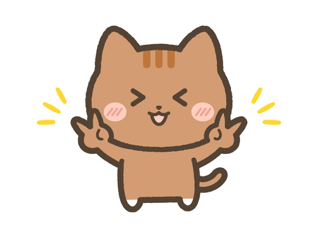 笑顔でダブルピースをするねこ（茶トラ） ねこ,ピース,ダブルポーズ,ポーズ,笑顔,ニコニコ,日常,表情,かわいい,ゆるいのイラスト素材