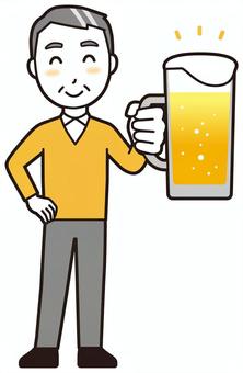  ニット中年男性(黄)-450-全身 ビール,笑顔,おじさん,男性,中年,お父さん,パパ,シニア,ミドルエイジ,人物のイラスト素材