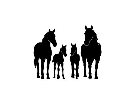馬の家族をイメージしたシルエットイラスト 馬,家族,動物,アニマル,シルエット,イメージ,黒,デザイン,ワンポイントのイラスト素材