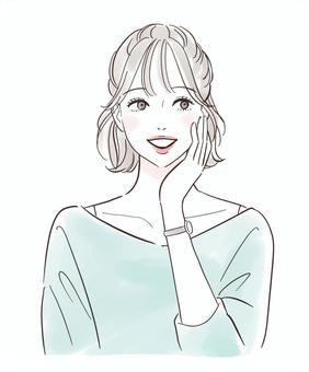 頬に手を当てて考える女性 頬に手を当てて考える女性 人物,女性,考える,きれい,思う,想像する,リラックス,笑顔,微笑む,セミロングのイラスト素材
