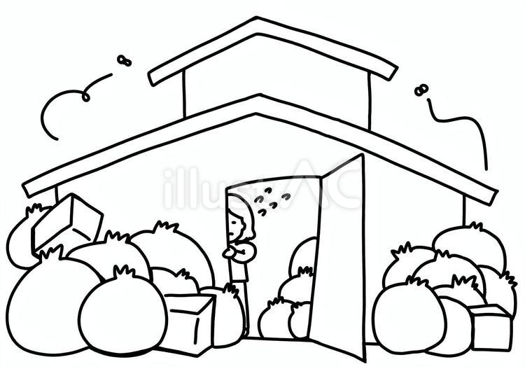 ゴミ屋敷に引き篭もる女性　線画 ゴミ,家,一軒家のイラスト素材
