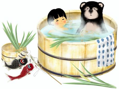 金太郎和泡在鳶尾花浴中的熊, JPG 和 PNG 金太郎和泡在鳶尾花浴中的熊, shobuyu, 鳶尾花, 風呂桶, JPG 和 PNG