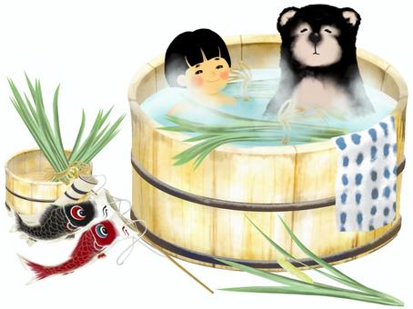 Kintaro and a bear soaked in iris bath, shakubane, irises, seau de vent, JPG and PNG