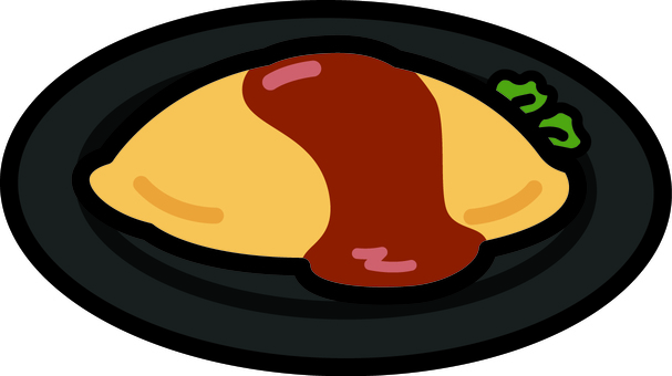 黒の皿のオムレツです。 オムレツ,シンプル,洋食,卵料理,ケチャップ,食卓,オムライス,黒のイラスト素材