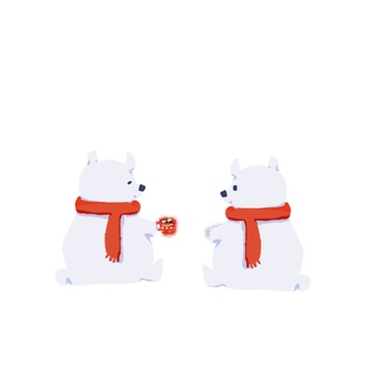 話しているマフラー付きシロクマのイラスト しろくま,白クマ,冬,赤いマフラー,動物キャラ,可愛い,ほっこり,ココア,ホットドリンク,ふわふわのイラスト素材