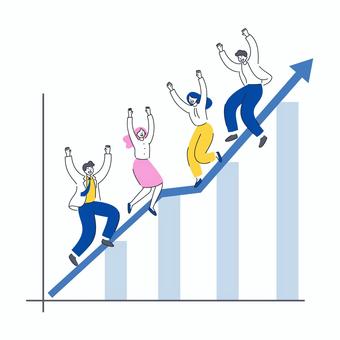 成長グラフの上で成功を喜ぶビジネスチーム 成長グラフの上で成功を喜ぶビジネスチーム 人物,男女,ビジネス,仲間,チーム,成功,喜び,成長,達成,上昇のイラスト素材