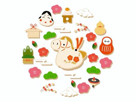 お正月の年賀状・和風・縁起物イラスト素材 午年,午,年賀状,お正月,2026年,正月,馬,和,馬年,１月のイラスト素材