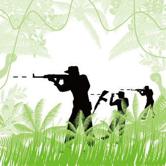 銃撃戦ジャングル　 銃撃戦,発砲,軍,戦争,山奥,ジャングル,ライフル,狙う,男性,複数のイラスト素材