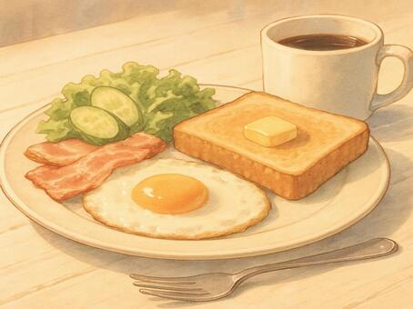 朝食 朝食,朝,パン,トースト,休日,ライフスタイル,目玉焼き,コーヒー,机,フォークのイラスト素材