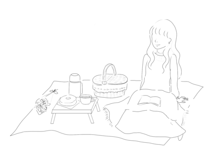 Girls having a picnic alone, girl, tiny, line drawing, JPG and PNG