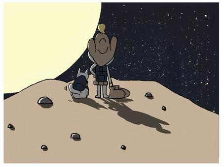 冒険 冒険者,シルエット,ヒヨコ,犬,影,巨大,月,夜,星,探検のイラスト素材