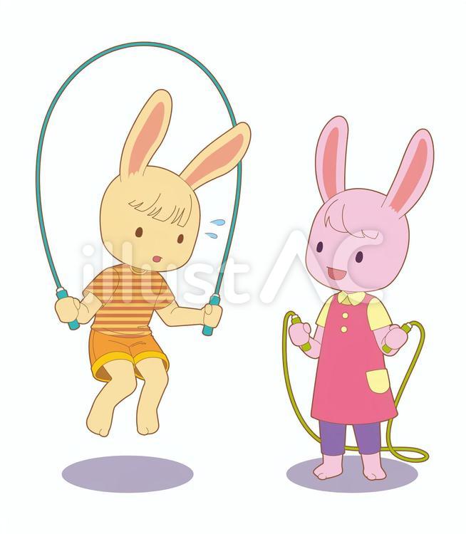 縄跳びの練習をする二匹のうさぎ 縄跳び,動物,子供のイラスト素材