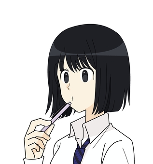 考えてる学生 人物,学生,考える,悩む,思考,シャープペンシル,ネクタイ,ブレザー,黒髪,ボブカットのイラスト素材