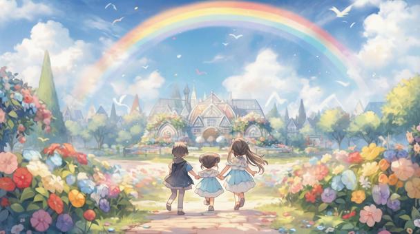 Three close sisters walking along the path of flowers leading to the rainbow town, , JPG