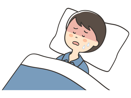 熱が出て休む男性 熱,発熱,風邪,病気,寝込む,寝苦しい,うなされる,苦しい,しんどい,熱中症のイラスト素材