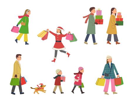 クリスマスショッピングを楽しむ人　セット クリスマス,ショッピング,人物,買い物,プレゼント,家族,ギフト,子ども,12月,コートのイラスト素材