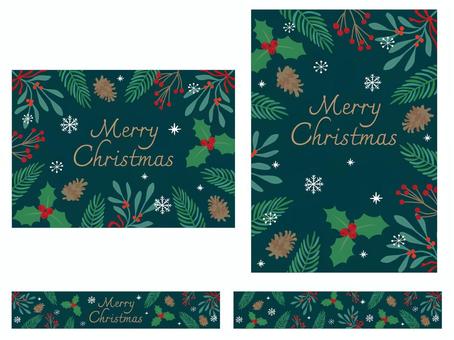 ナチュラル植物のクリスマスポスターセット メリークリスマス,christmas,クリスマス,植物,ナチュラル,もみの葉,実,赤,ヒイラギ,ヤドリギのイラスト素材