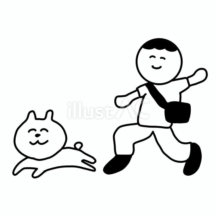 犬と一緒に走る男性｜モノクロ 犬,動物,走るのイラスト素材