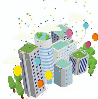 空から見た都会の風景 空から,街,ビルディング,建物,ビル,都会,木,風船,紙吹雪,鳥のイラスト素材