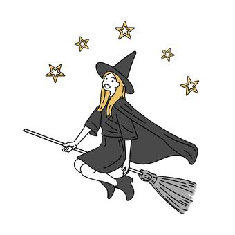 ホウキで飛ぶ魔女 女性,魔女,キャラクター,ファンタジー,ホウキ,星,飛行,笑顔,全身,衣装のイラスト素材