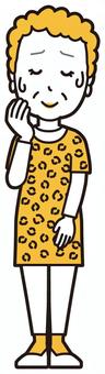  大阪のおばちゃん(黄)-002-全身 苦笑い,おばちゃん,大阪,ヒョウ柄,おばはん,中年,女性,関西,派手,おばさんのイラスト素材