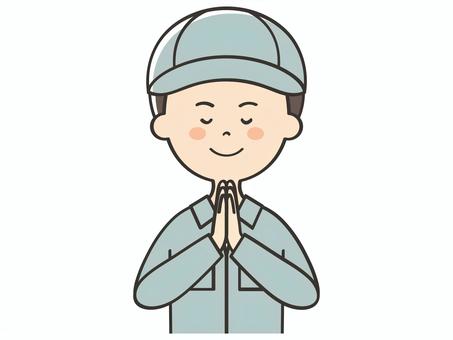 合掌する男性作業員 合掌する男性作業員 願い事,お願い,祈る,祈願,お祈り,参拝,神社参拝,お参り,合掌,いただきますのイラスト素材