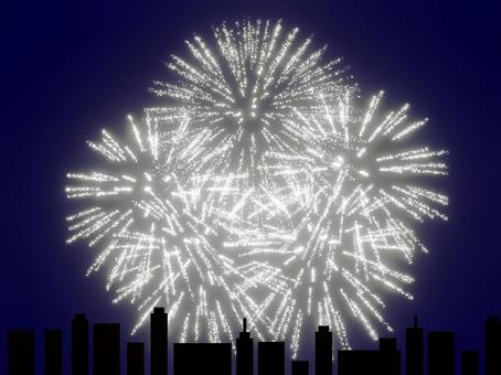 夜空に輝く花火とビル街並みのシルエット 花火,影,夏,背景,夏空,花火大会,イラスト,ビル,街並み,都会のイラスト素材