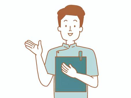 説明をする男性看護師 説明,看護師,男性,人,バインダー,ペン,笑顔,シンプル,手紙,線画のイラスト素材