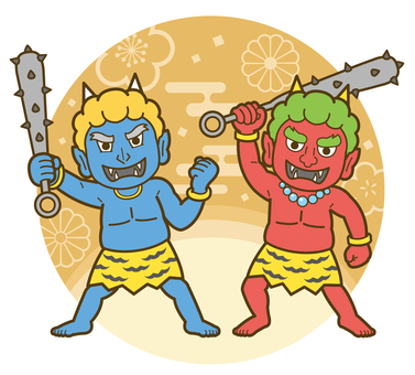 赤オニと青オニ（和柄背景）_26 鬼,節分,イラスト,おに,オニ,2月,赤鬼,青鬼,和柄,梅のイラスト素材