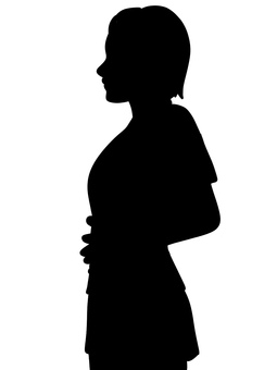お腹に手を当てる人のシルエット 女性,横向き,側面,お腹,さする,マッサージ,押さえる,深呼吸,上半身,10代のイラスト素材