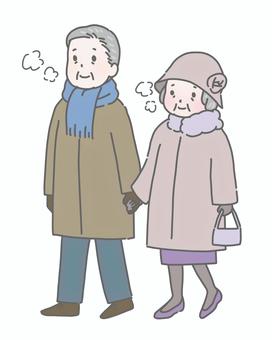 冬に手を繋いで歩く老夫婦 老夫婦,シニア,高齢者,夫婦,手をつなぐ,散歩,外出,冬服,防寒,コートのイラスト素材