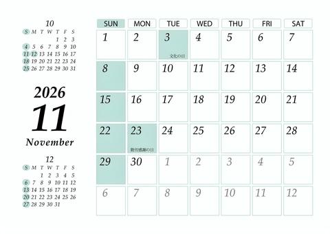 2026 11月 日曜始 カレンダー 横 カレンダー,2026年,2026,令和8,r8,11月,11,november,a4,マンスリーのイラスト素材