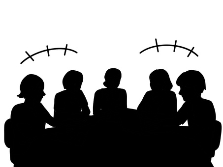スタッフの情報共有 連携,ミーティング,5人,談笑,仲間,友達,楽しい,会議,情報共有,スタッフのイラスト素材