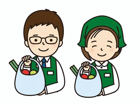 買い物袋を持つスーパーの店員 スーパー,スーパーマーケット,主婦,レジ袋,買い物袋,野菜,ねぎ,トマト,店員,スタッフのイラスト素材