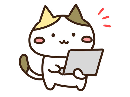 パソコンを持ってプレゼンする三毛猫 パソコン,プレゼン,ねこ,ノートパソコン,説明,発表,会議,セミナー,案内,itのイラスト素材